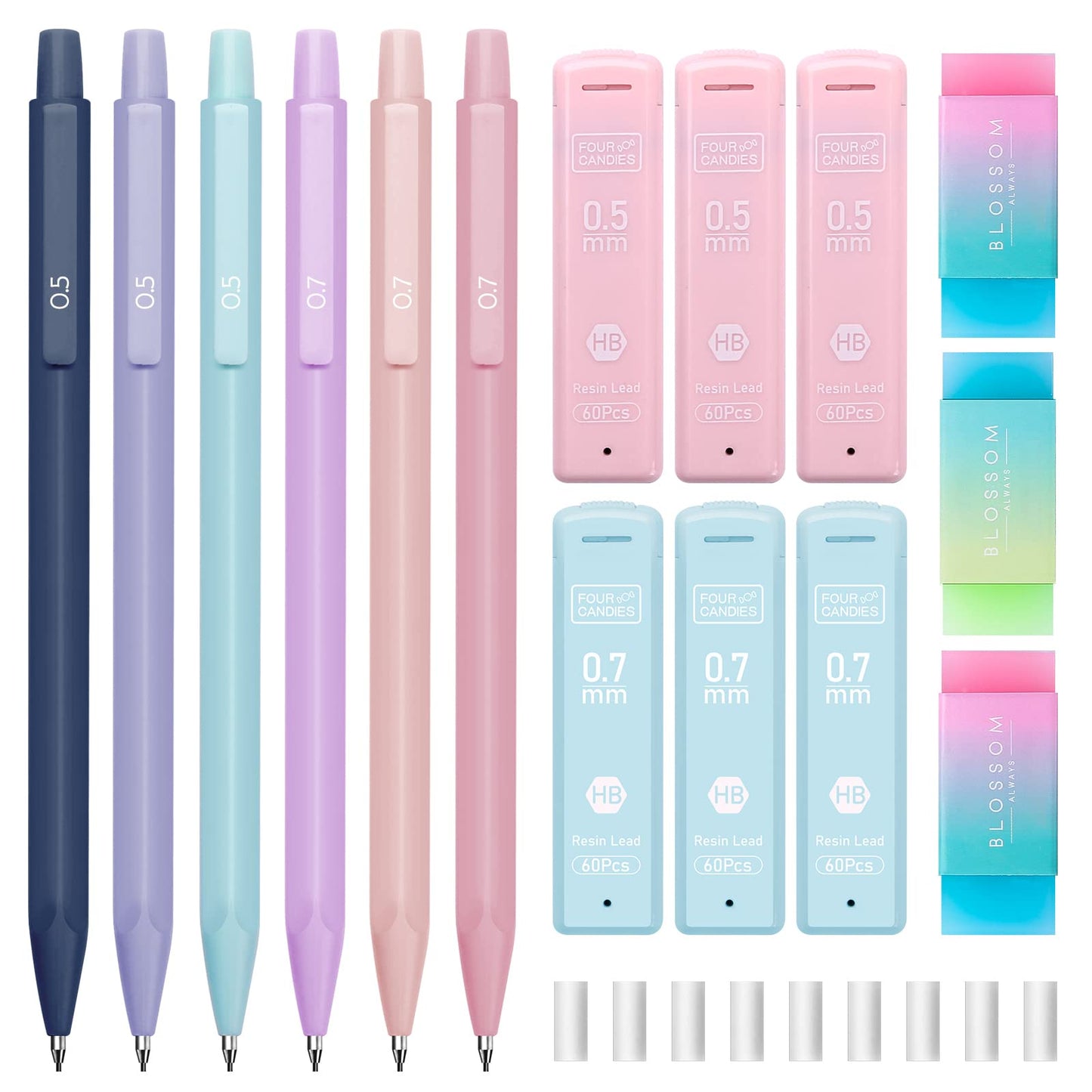 Four Candies Cute Mechanical Pencil Set, 6PCS Pastel Mechanical Pencils 0.5 & 0.7mm with 360PCS HB Leads, 3PCS Erasers and 9PCS Eraser Refills, Aesthetic School Supplies for Girls Writing