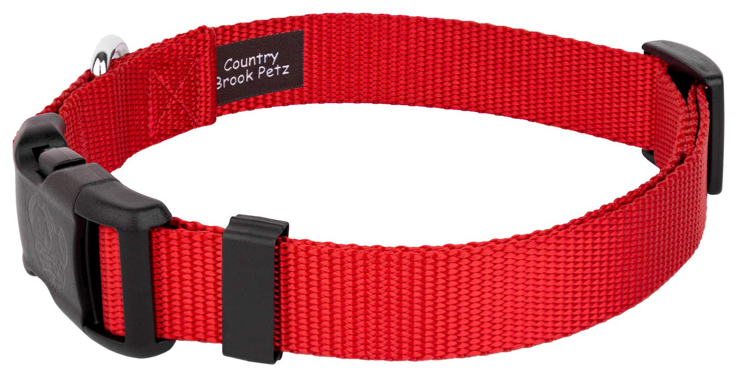 Country Brook Petz - American-Made Dog Collar for Large, Medium, and Small Dogs and Puppies - Deluxe Heavy Duty Nylon in 33 Dazzling Colors (Large, 1 Inch Wide, Bright Red)