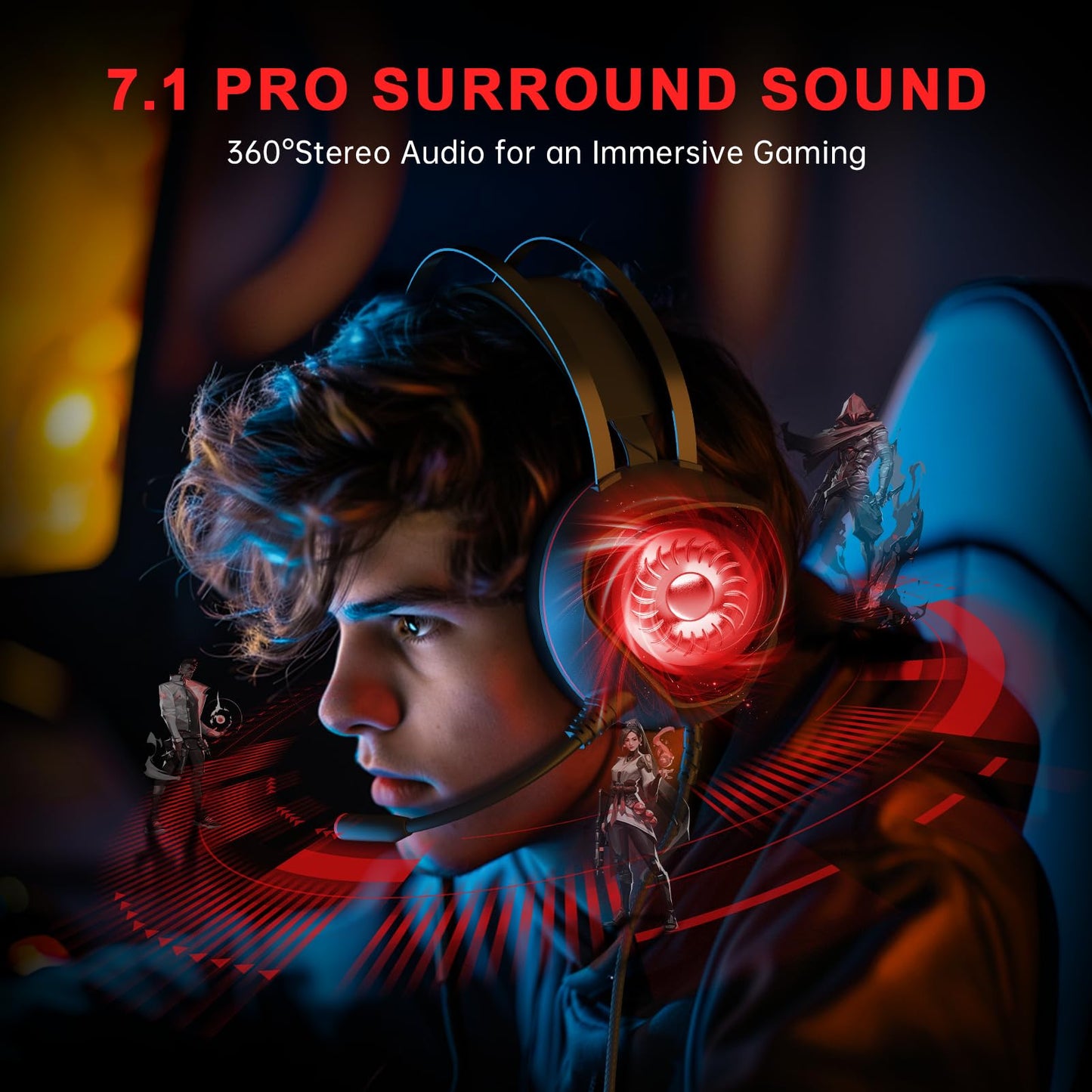 Gaming Headset for Xbox Series X/S, Xbox One, PS5, PS4, PC with 7.1 Surround Sound, Wired Gaming Headphone with Noise Cancelling Mic, Dynamic RGB Light for Xbox Controller, Switch (BlackRed)