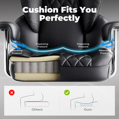 COMHOMA Big and Tall Office Chair, High Back Leather Gaming Chair with Footrest, Executive Ergonomic Office Chair with Pocket Spring Lumbar Support and with Outward Fixed Soft Armrests