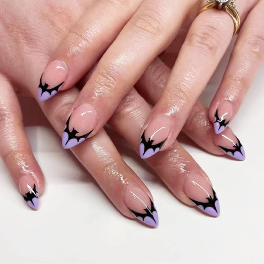 Halloween Bat Press on Nails for DIY Manicure Glossy Purple French Tips 24Pcs Acrylic Medium Almond False Nails Gel Glue on Nails Evil Bats Fake Nails Stick on Nails for Women Girls French Tips Design