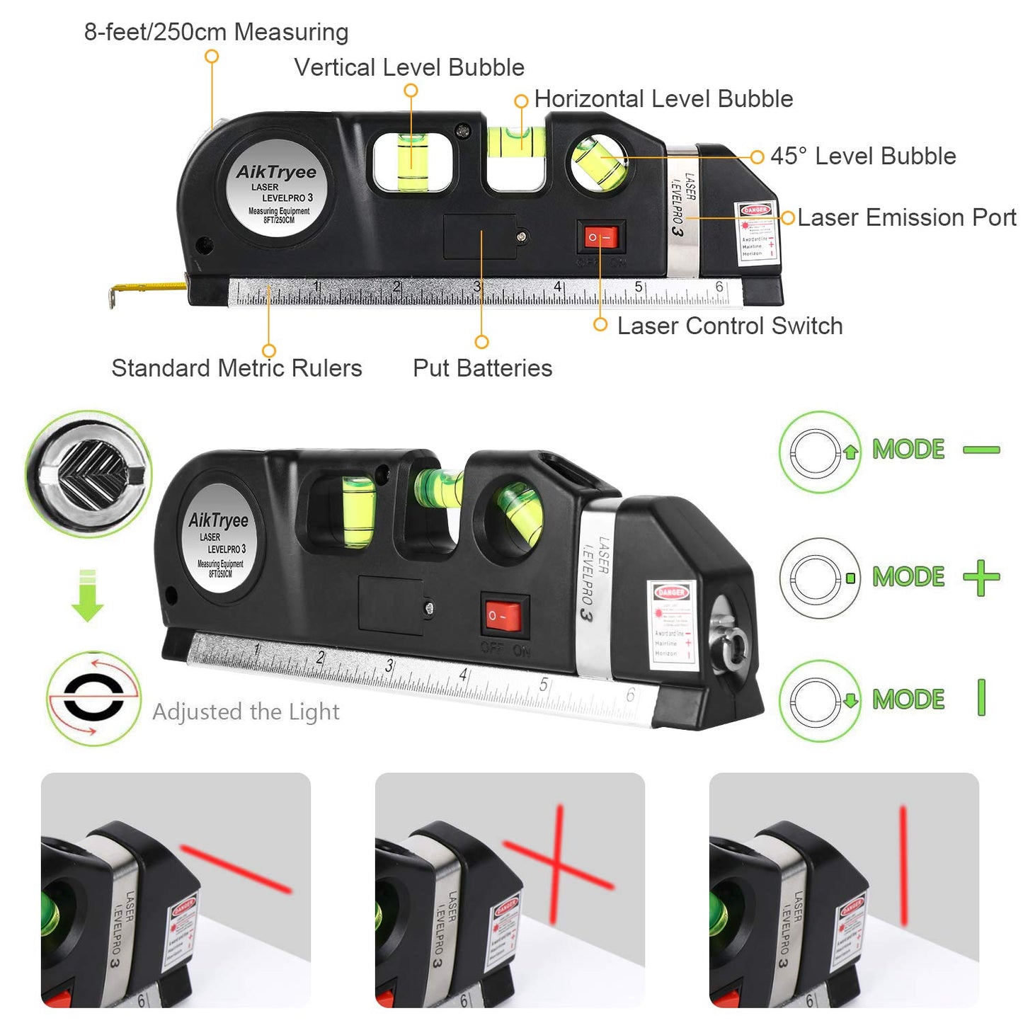 Laser Level Line Tool, Multipurpose Laser Level Kit Standard Cross Line Laser leveler Beam Tool with Metric Rulers 8ft/2.5M for Picture Hanging cabinets Tile Walls by AikTryee.