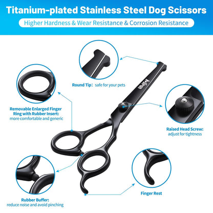 Dog Grooming Kit, 5-in-1 Titanium-plated Stainless Steel Dog Grooming Scissors, Dog Scissors for Grooming with Safety Round Tip, Dog Shears for Grooming & Cats, Sharp & Durable Cat Grooming Kit