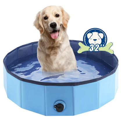 Foldable Dog Bath Swimming Pool Plastic Kiddie Pool Professional Tub Collapsible Grooming Bathtub for Pets Kids Baby and Toddler, 32 x 8 Inches Blue (Blue, S - 32'' x 8'')