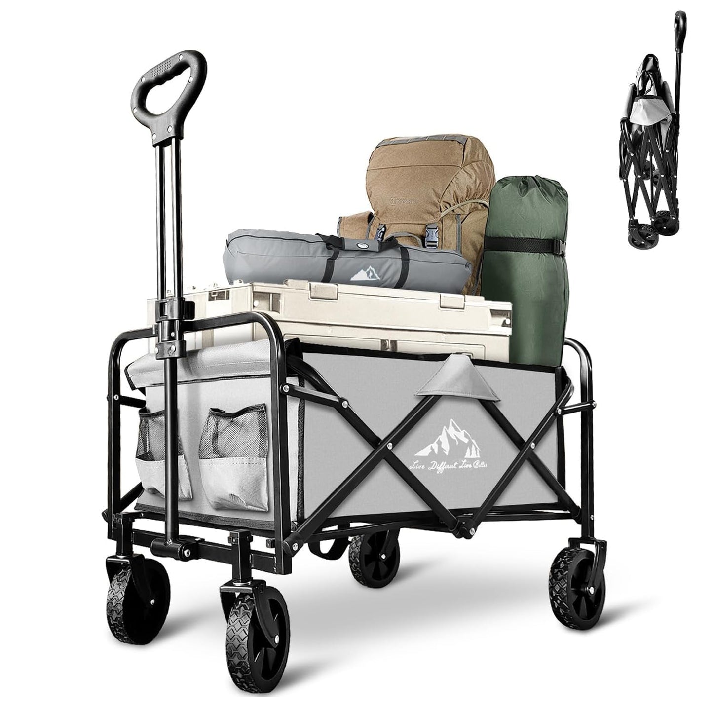 Collapsible Foldable Wagon, Beach Cart Large Capacity, Heavy Duty Folding Wagon Portable, for Outdoor Sports, Shopping, Camping, Gray