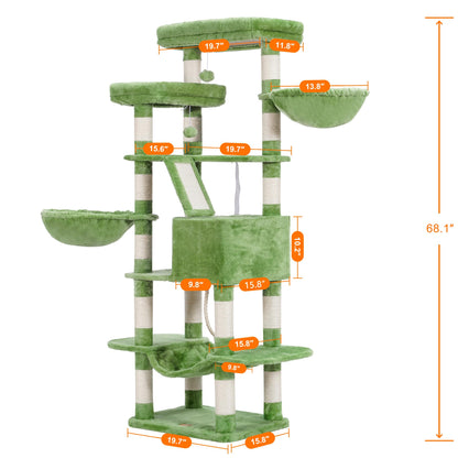 Heybly Cat Tree, 68 inch Multi-Level Cat Tower for Indoor Cats, 2 Widened Plush Perches Cat Condo with Scratching Board and Big Caves, Green HCT025GR