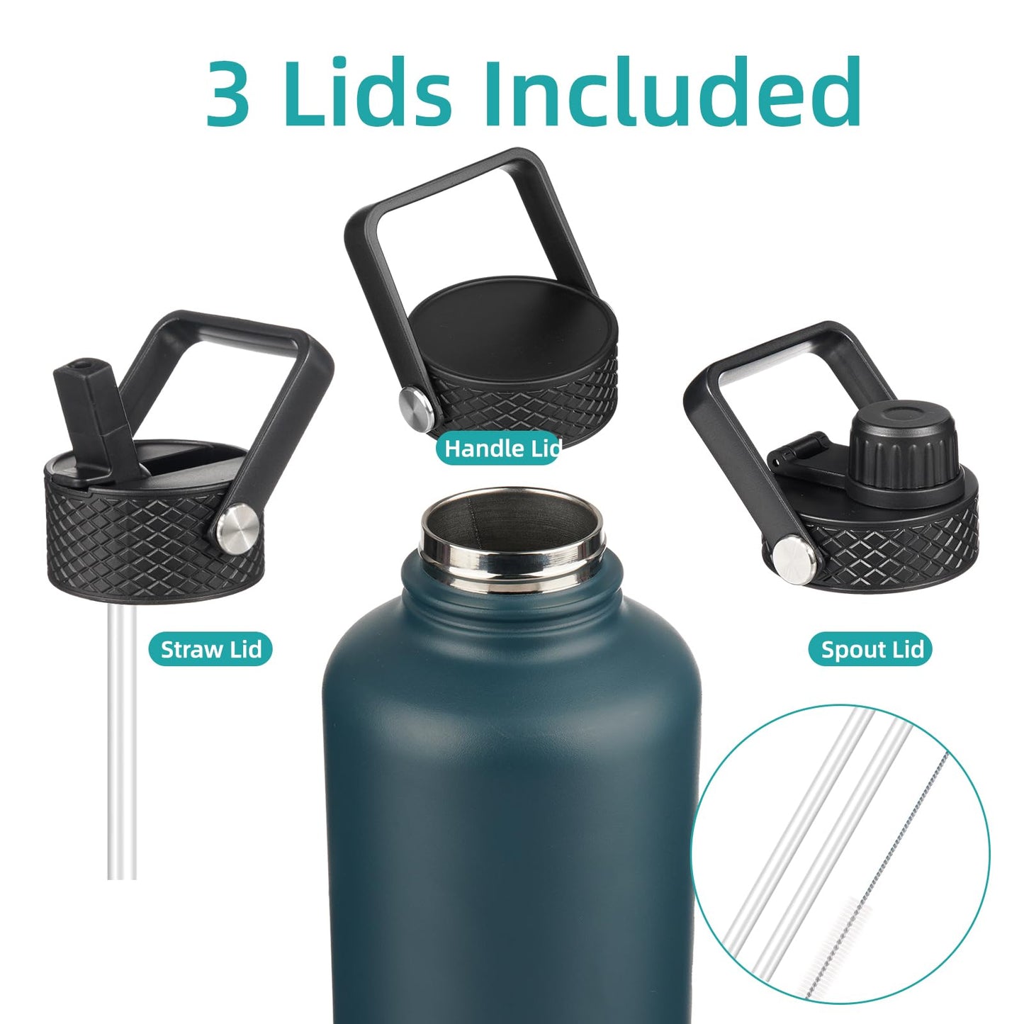 Konokyo Insulated Water Bottle with Straw,87 oz 3 Lids Water Jug with Carrying Bag,Paracord Handle,Double Wall Vacuum Stainless Steel Metal Flask,Navy Blue