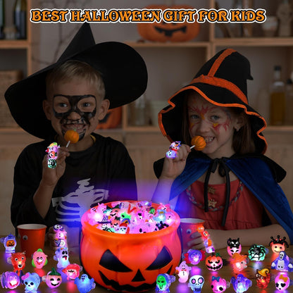 FLY2SKY Halloween Treats 50Pcs 3D Ring LED Light Up Rings Halloween Toys Halloween Party Favors for Kid Glow In The Dark Accessory Non Candy Gift Bag Fillers NEW VERSION