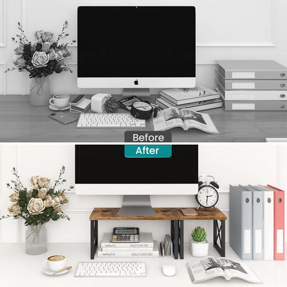 ELITEROO Wood Desktop Shelf, 2 Tier Adjustable Small Bookshelf Organizer, Freestanding Stackable Desk Stand, Storage Organizers, Kitchen Counter Display Rack, Rustic Brown