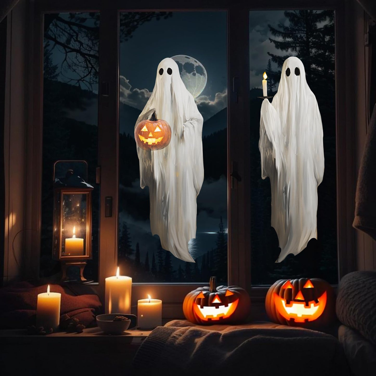 Halloween Decorations Window Clings Decor, 3pcs Extra Large Scary White Ghosts with Pumpkin Lantern Halloween Window Decals Indoor, Creppy School Home Office Party Supplies for Glass Windows, 3 Sheets