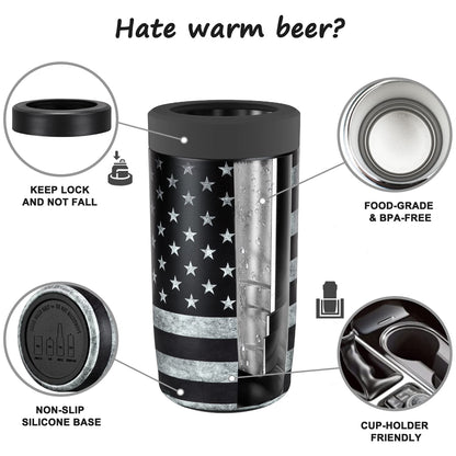 4-in-1 Slim Can Cooler Easy to Hold Insulated Beer Can Holder Double-walled Stainless Steel for All 12 Oz Cans Gift (Black America Flag 2)