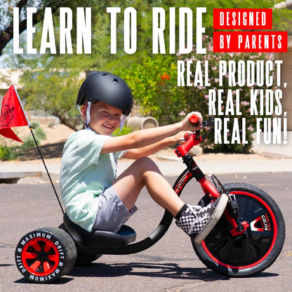 Drift Trike for Kids Ages 5+ – 16" Front Wheel Ride-On with Adjustable Seat, Steel Frame, Rear Slick Drift Wheels & Safety Flag – Madd Gear - (Black Red)