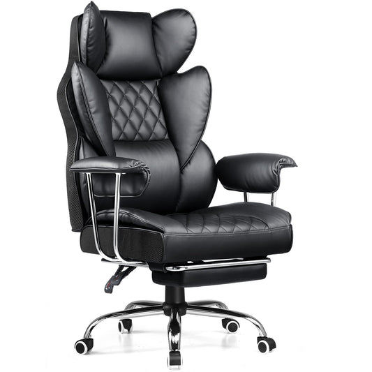 COMHOMA Big and Tall Office Chair, High Back Leather Gaming Chair with Footrest, Executive Ergonomic Office Chair with Pocket Spring Lumbar Support and with Outward Fixed Soft Armrests