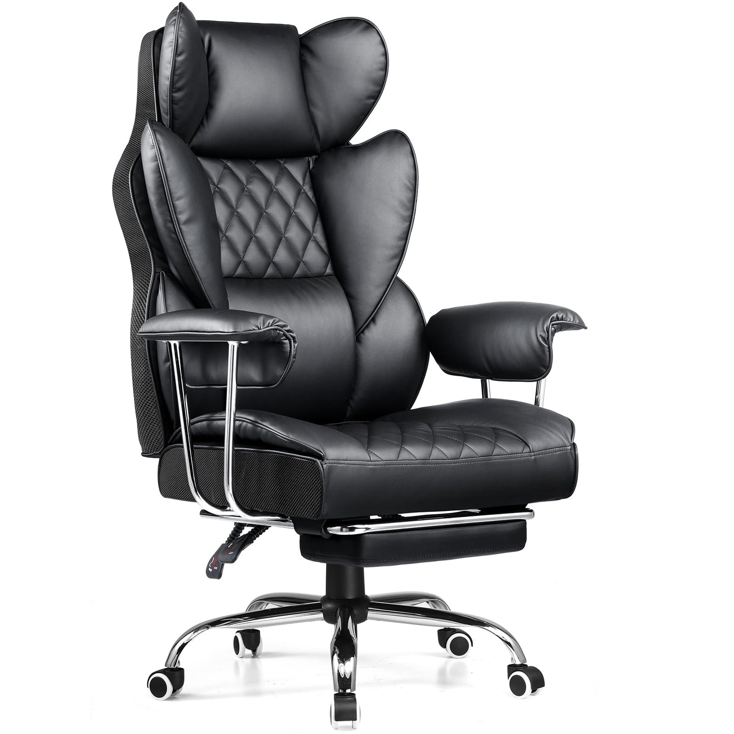 COMHOMA Big and Tall Office Chair, High Back Leather Gaming Chair with Footrest, Executive Ergonomic Office Chair with Pocket Spring Lumbar Support and with Outward Fixed Soft Armrests