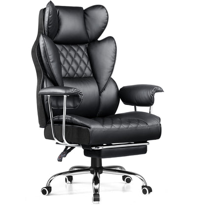 COMHOMA Big and Tall Office Chair, High Back Leather Gaming Chair with Footrest, Executive Ergonomic Office Chair with Pocket Spring Lumbar Support and with Outward Fixed Soft Armrests