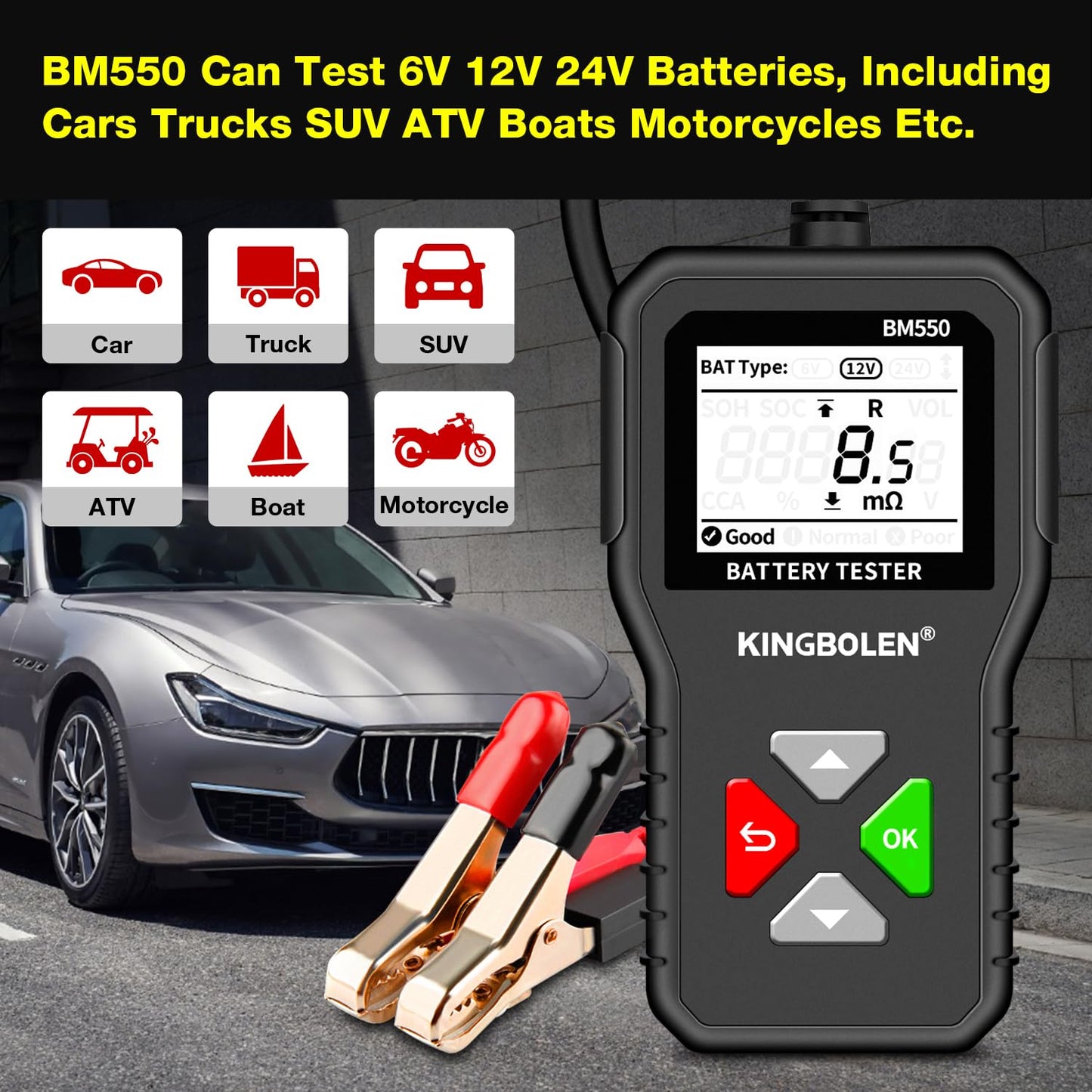 KINGBOLEN BM550 6V 12V 24V Car Battery Tester, 100-2000 CCA Voltage Tester 2Ah-220Ah Internal Resistance Tester Accurate Digital Auto Battery Analyzer for Cars Trucks SUV ATV Boats Motorcycles Vehicle