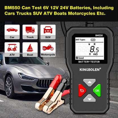 KINGBOLEN BM550 6V 12V 24V Car Battery Tester, 100-2000 CCA Voltage Tester 2Ah-220Ah Internal Resistance Tester Accurate Digital Auto Battery Analyzer for Cars Trucks SUV ATV Boats Motorcycles Vehicle