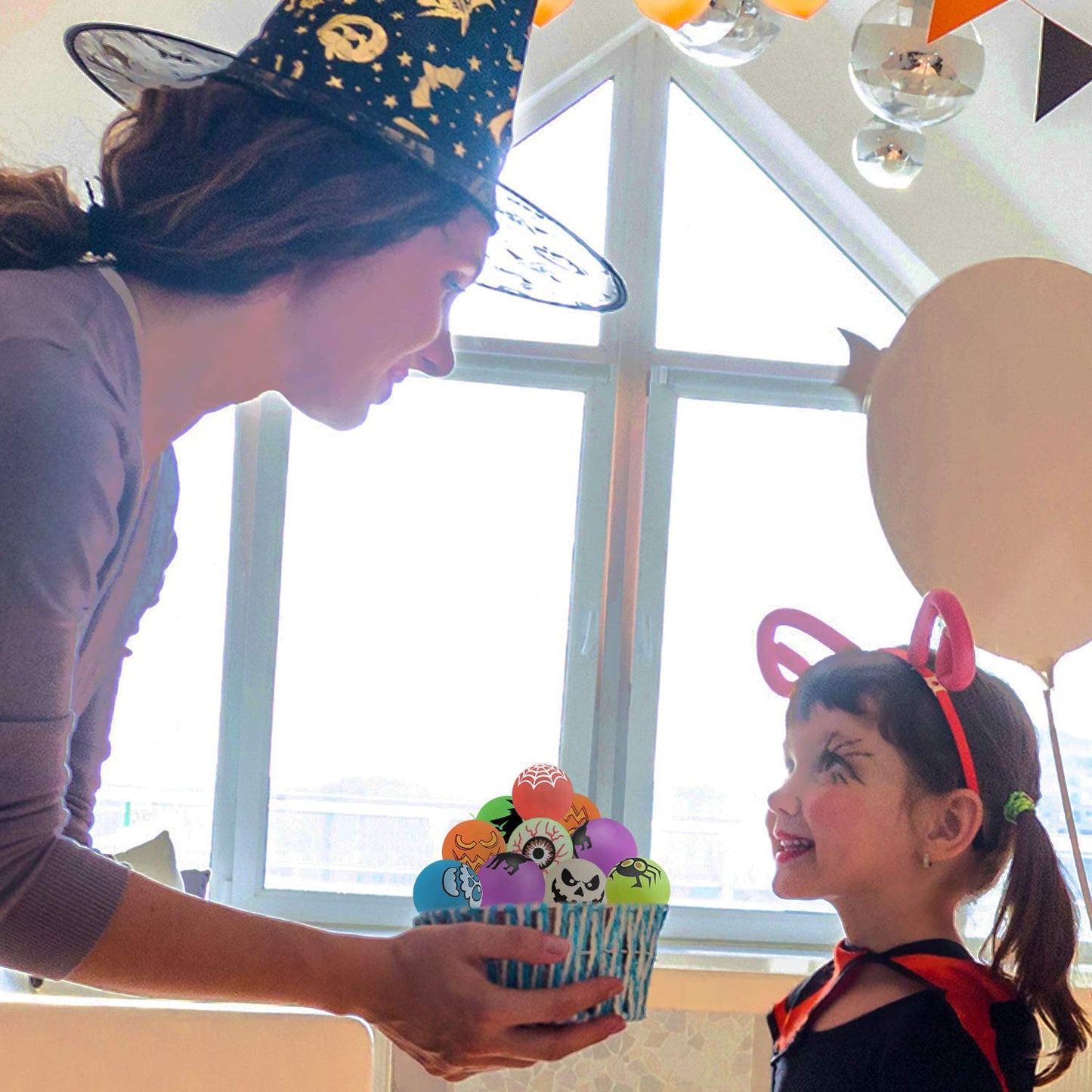 40 Glow in The Dark Bouncing Balls,Halloween Party Favors Supplies,8 Halloween Theme Designs, Trick or Treating Goodie Bag Filler, School Classroom Game Rewards, Halloween Miniatures (with Pouch Bag)