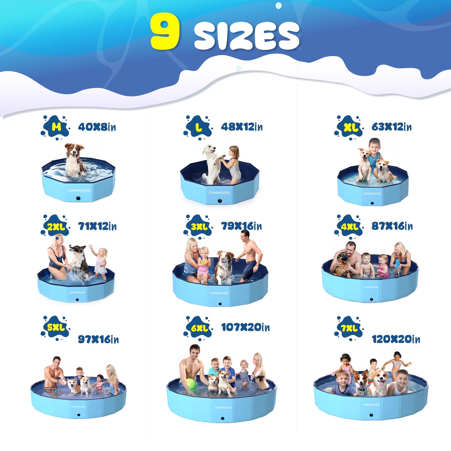 COMMOUDS Foldable Dog Pool, Collapsible Hard Plastic Dog Kiddie Swimming Pool, Portable Pet Bath Tub Wading Pools for Kids and Puppy Small Medium Large Dogs(40inch.D x 8inch.H)