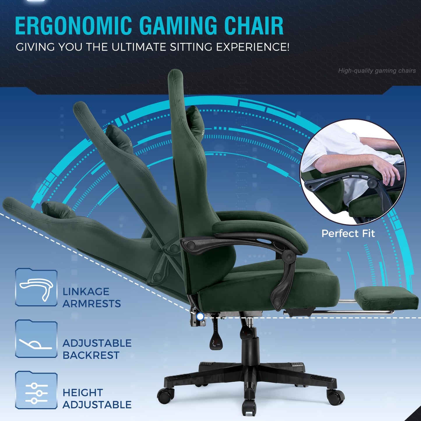 GTPLAYER Gaming Chair Fabric with Pocket Spring Cushion, Big and Tall Gamings Chairs 350LBS High Back Computer Chair with Footrest for Adults Lumbar Support Swivel Game Chair for Office Gaming Green