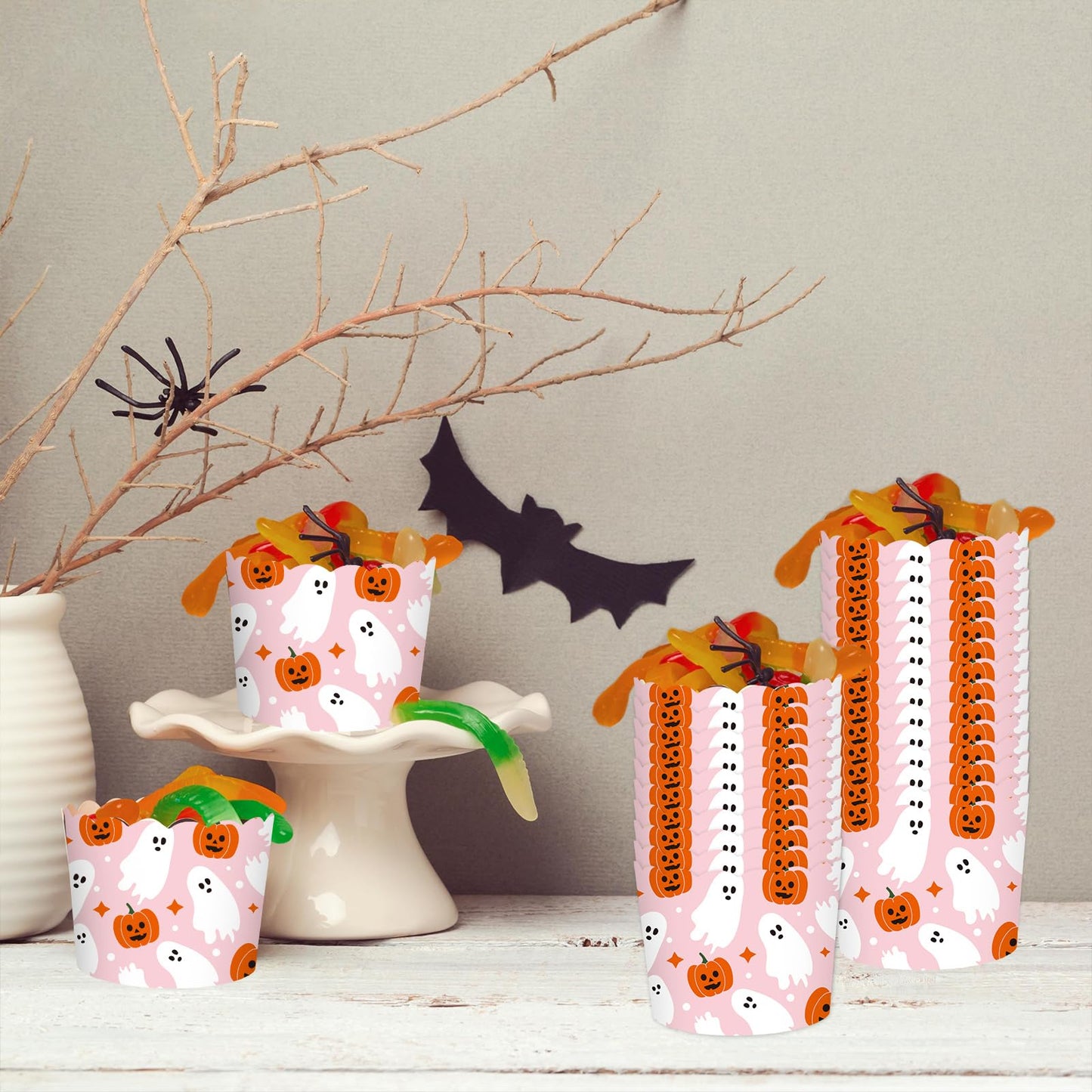 JarThenaAMCS 100Pcs Halloween Paper Baking Cups Pumpkin Ghost Cupcake Wrappers Orange Pink White Scalloped Edge Cupcake Muffin Cases for Halloween Dessert Decoration
