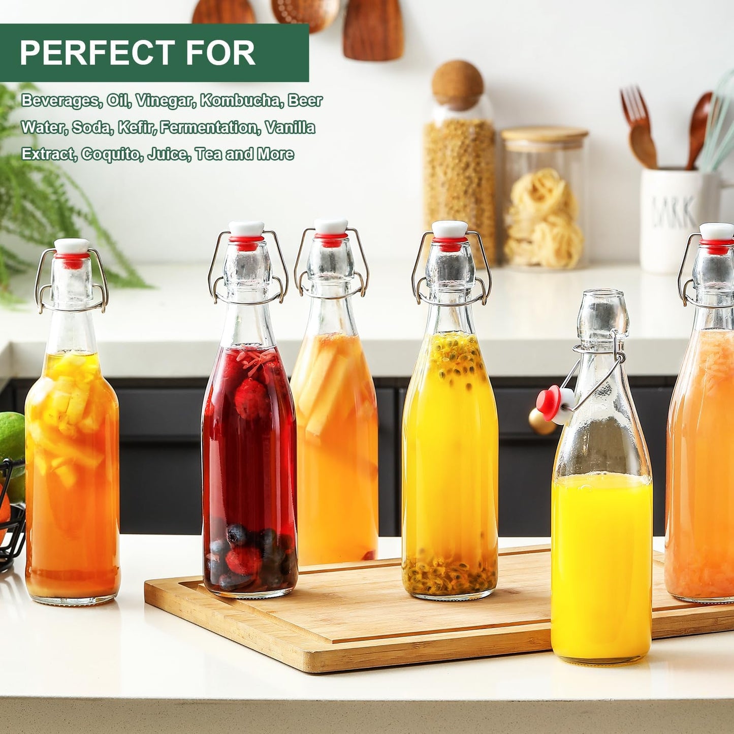 8 Set 16 OZ Swing Top Glass Bottles - Flip Top Beer Brewing Bottles with Stopper for Fermentation, Kombucha, Mead Kefir, Vanilla Extract, Juice, Tea, Wine, Soda - Airtight Cap Lids, Bonus 2 Pourers