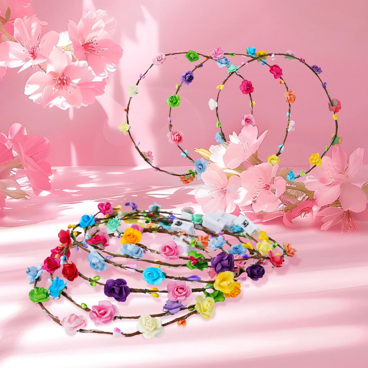 HONLYNE 24 PCS LED Flower Crowns Headbands, Light Up Flower Crowns for Women & Girls, Glow in The Dark Flower Hairbands Wreath for Wedding Beach Party Birthday Cosplay Gifts, Halloween, Christmas