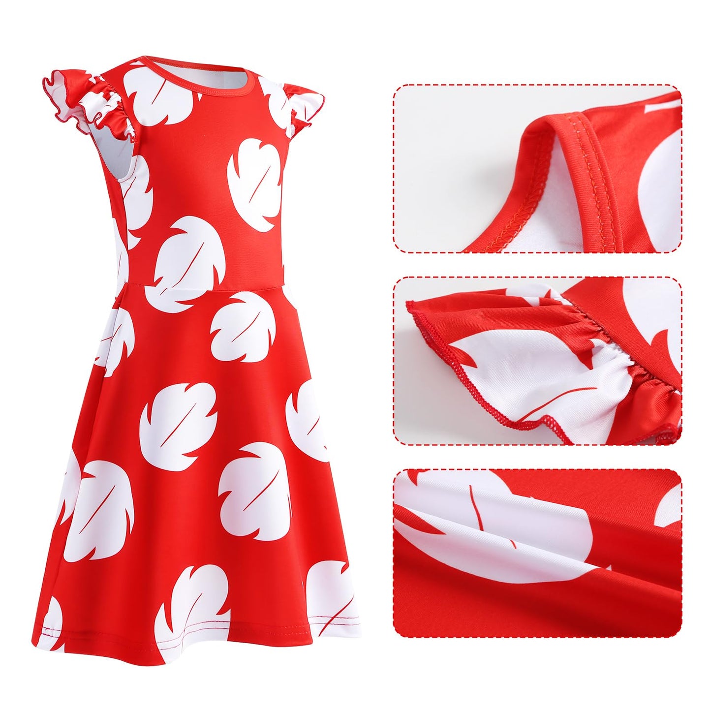 Hawaiian Little Girls Costume Dress with 4 Pcs Luau Flower Leis Accessories Set Red Flower Hair Clips Toddler Halloween Party Cosplay Outfit for 7-8 Years