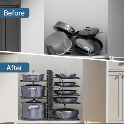 ORDORA Pots and Pans Organizer for Cabinet 16.61'' Height, 8 Tier Pot Organizers Rack with 3 DIY Methods, Adjustable Pan Organizer under Cabinet Kitchen Organization and Storage