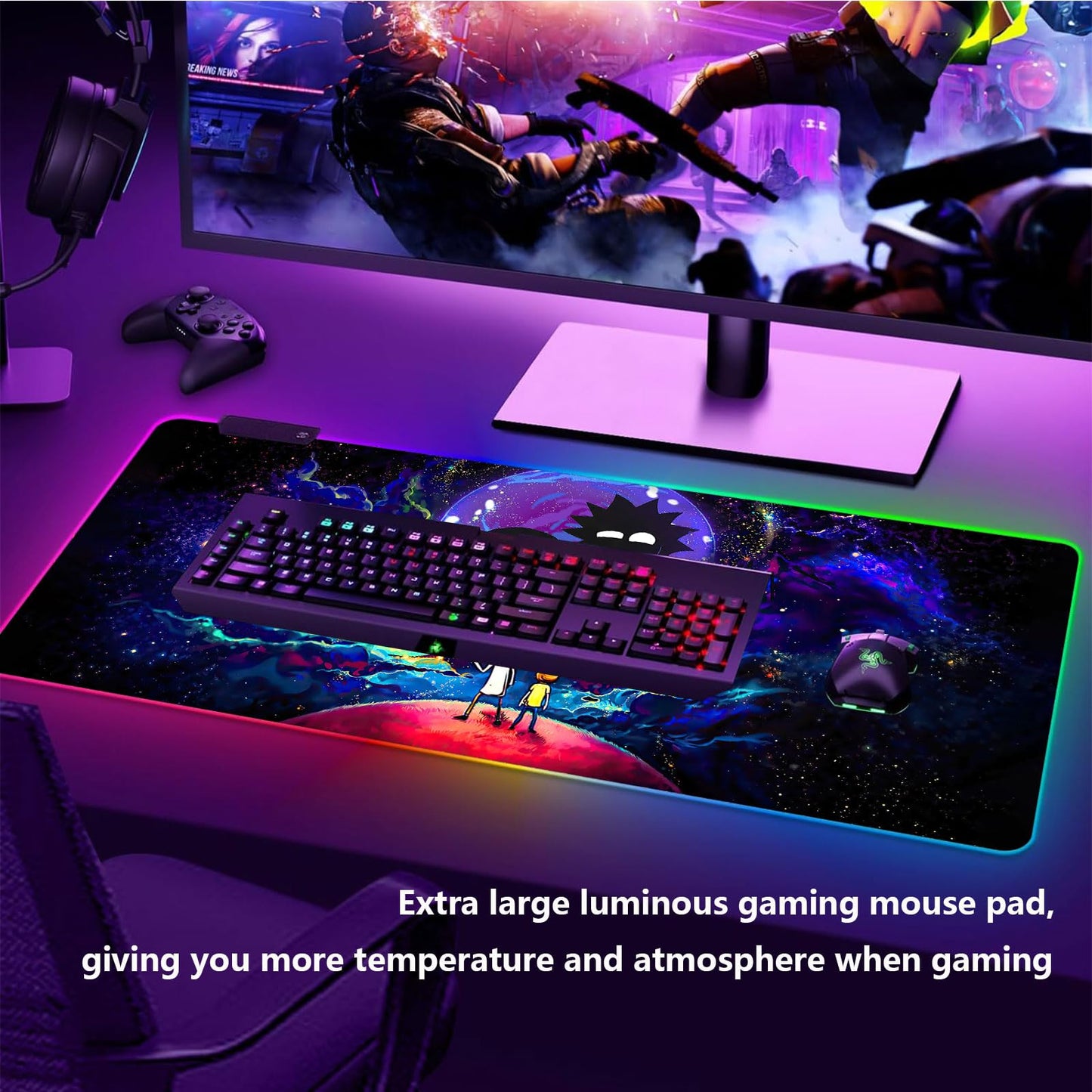 Large RGB Gaming Mouse Pad Anime Night Sky Space Stars Desk Pad,Mousepad Non-Slip Rubber Base with 12 Lighting Modes,Desk Accessories,Office Decor,Computer Keyboard Mat Soft Mouse Mat 31.5X15.7 inches