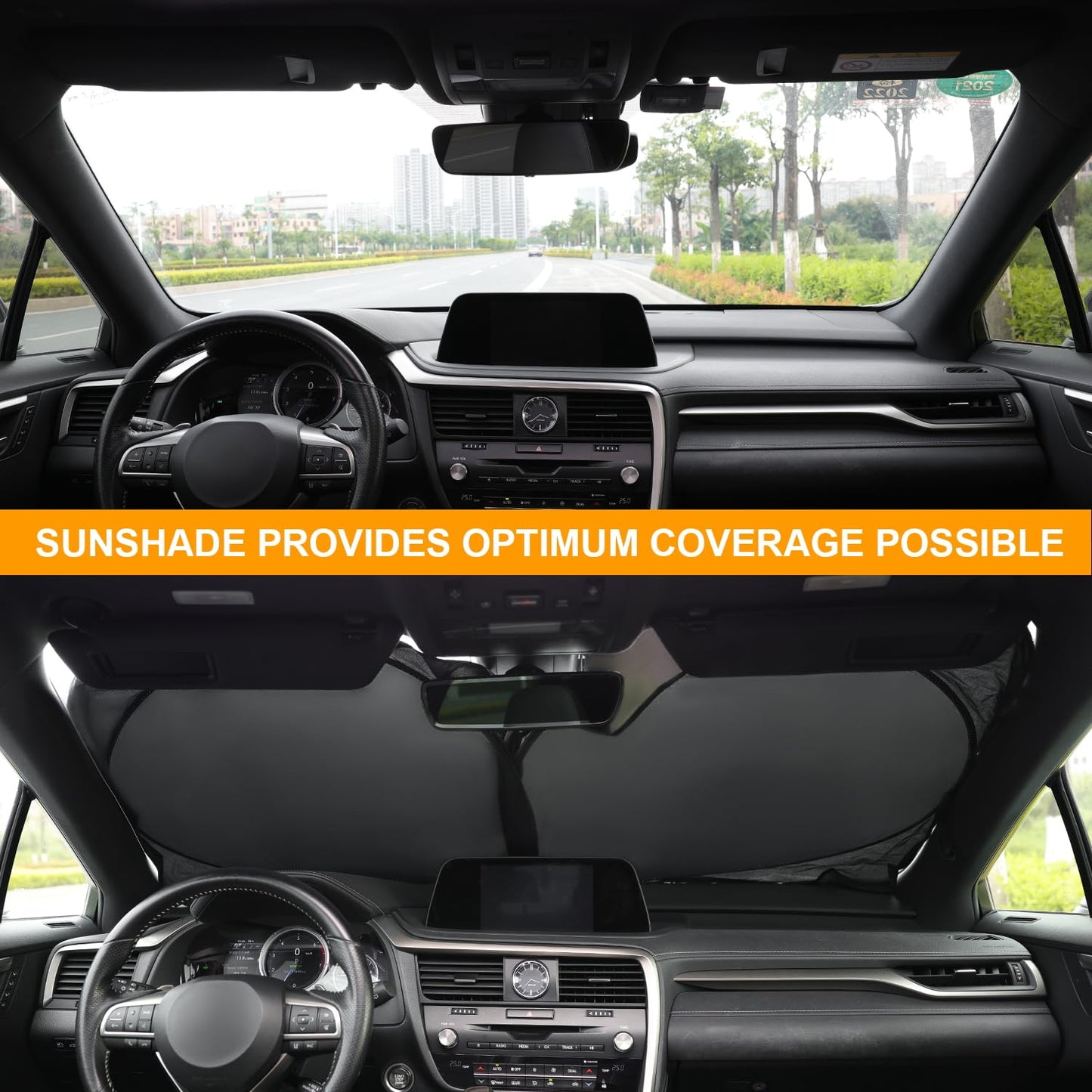 JUSTTOP Car Sun Shade Windshield - Foldable Sun Car Window Shield 210T Coated Silver Cloth Reflective Polyester Material Blocks 99% UV Rays, Fits Most Windshields(Large63 x 35 in)