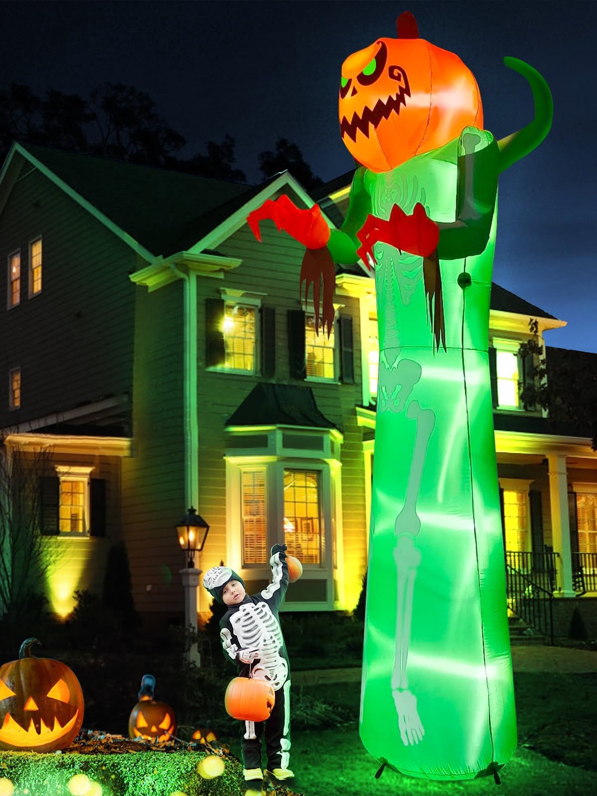 Kalolary 12FT Halloween Inflatable with LED Light, Giant Pumpkin Halloween Outdoor Decoration Scary Pumpkin Skeleton Blow up Inflatable for Home Family Party Halloween Holiday Yard Lawn Indoor Decor