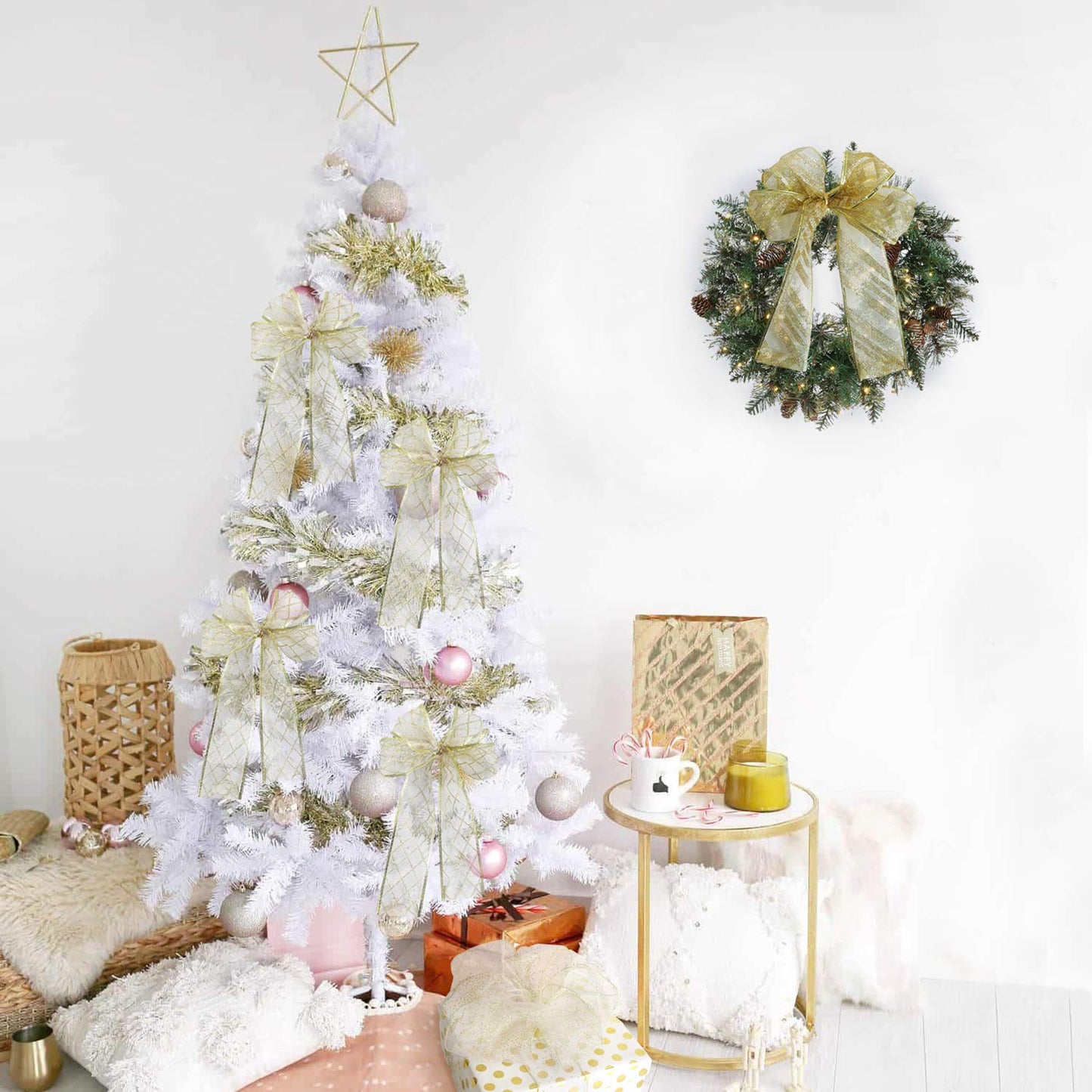 MEEDEE White and Gold Ribbon for Christmas Tree 2.5 Inch 6 Rolls 36 Yards Christmas Ribbons Gold Ribbons for Christmas Tree Decoration Garland Wire Mesh Ribbon for Wreaths