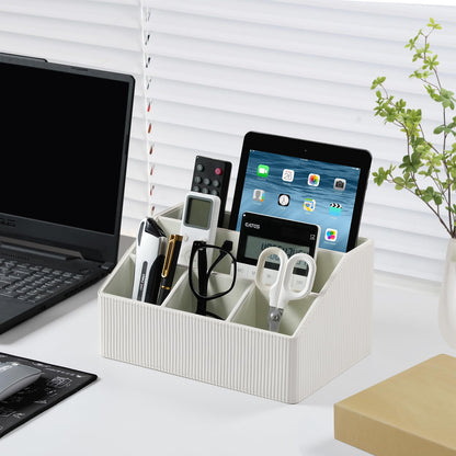 Cretkhp Remote Control Holder with 5 Compartments for Office Art Supplies, PU Leather Nightstand Organizer Pencil Pen Desk Caddy for Home, Desktop TV Remote Control Organizer Storage (Striped Ivory)