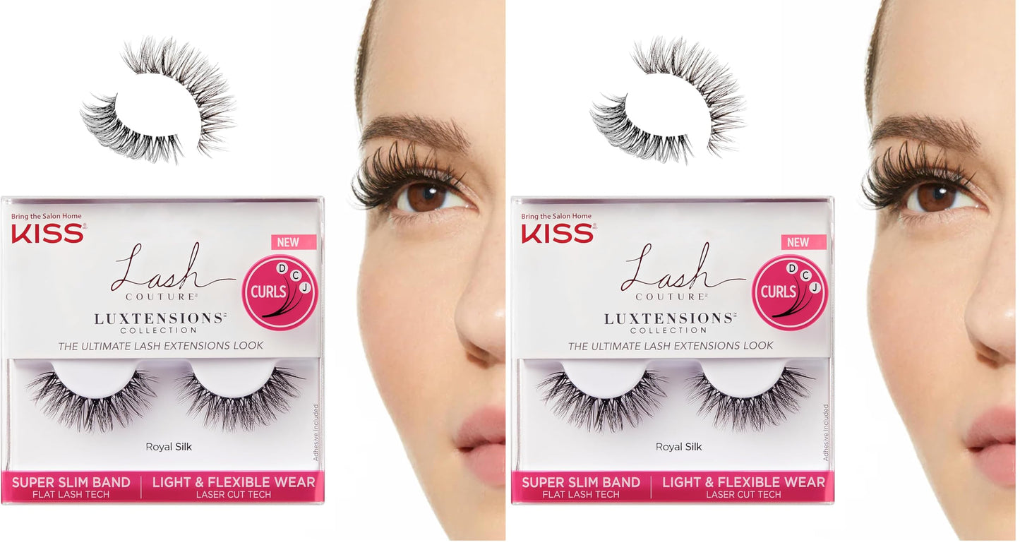 KISS Lash Couture LuXtensions Collection False Eyelashes, Flat Technology, Super Slim Band, Real Extension Fibers, Reusable, Contact Lens Friendly Strip Lashes, Style Royal Silk, 1 Pair (Pack of 2)