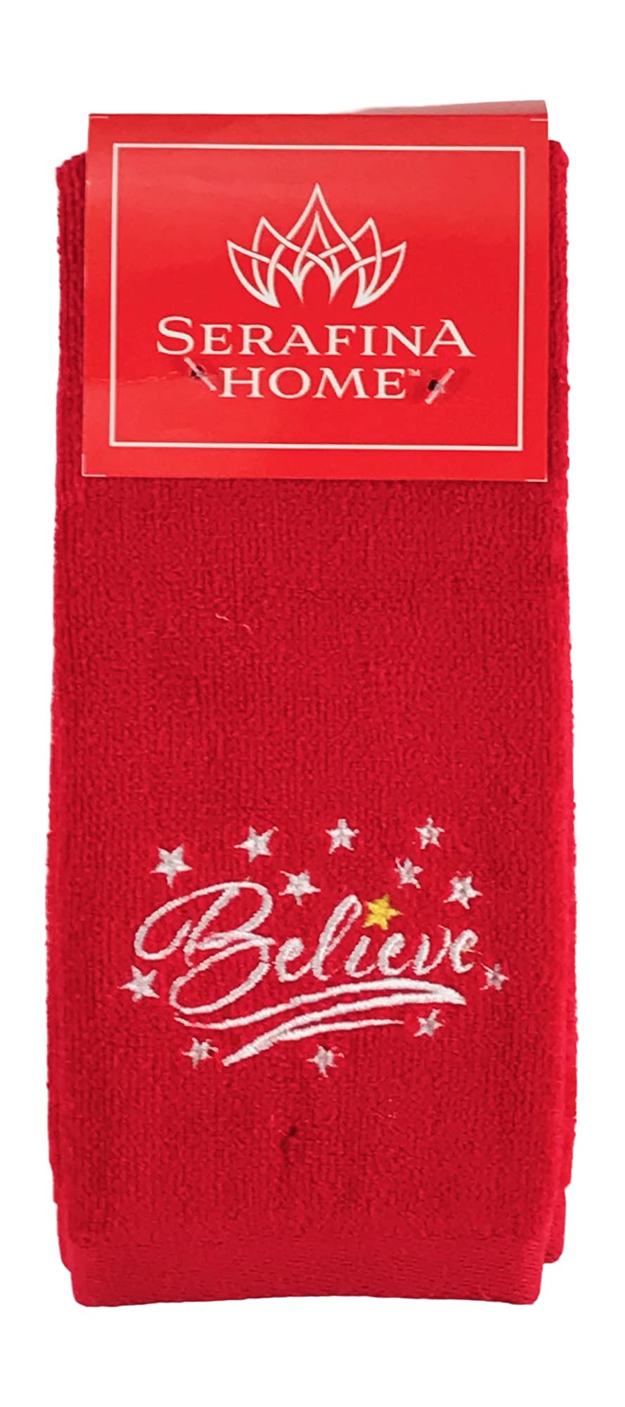 Decorative Christmas Theme Red Towel Set: Luxury Bathroom Fingertip Towels, Embroidered Believe Set of 2