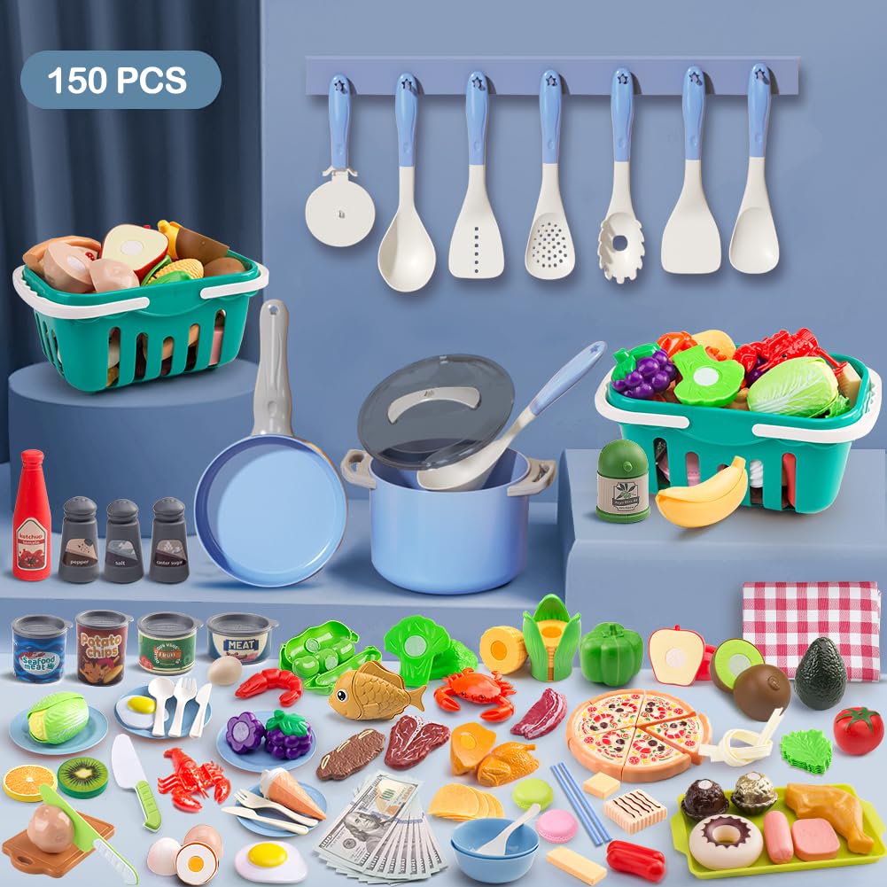 150Pcs Kitchen Playset, Toddlers Pretend Cooking Cookware Accessories, Food, Picnic Blanket, Fruits, Veges, 2Pack Shopping Storage Basket, Dessert and Prop Money, Gift for Kids (Blue)