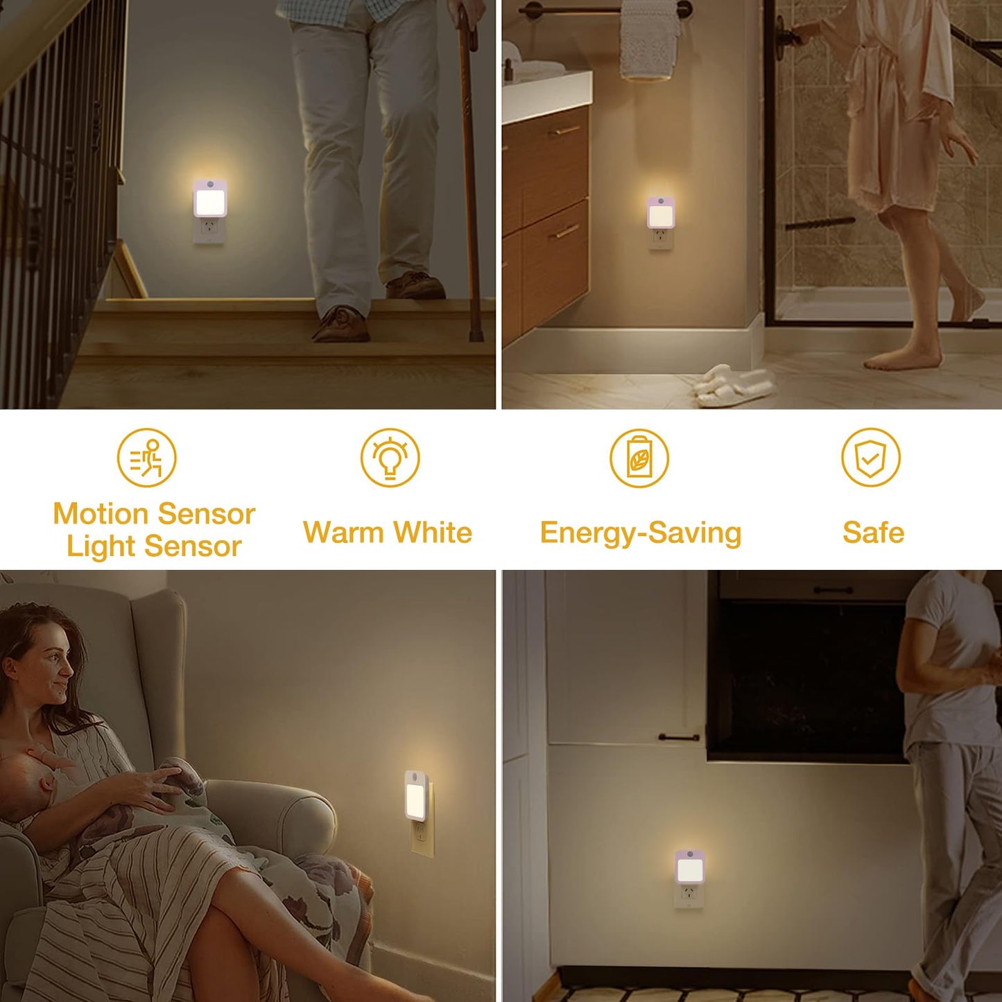 Dimmable Night Light Plug-in, Motion Sensor Plug in to Wall Night Light 3000K 2 Pack with On Off Auto Switch Adjustable Brightness for Hallway Bedroom Kids Room
