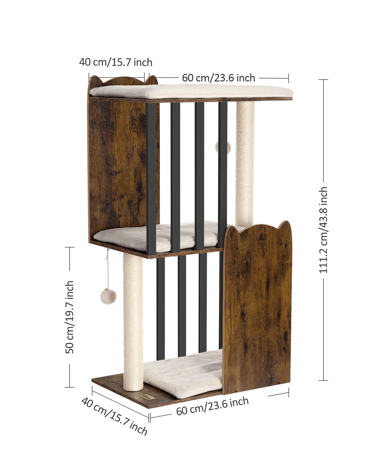 FourFurPets 43.8in 3-Tier Modern Cat Tree Tower Condo, Cat Scratch Posts for Indoor Cats, Big Plate, Two 19.7in Full Sisal Scratching Posts, Rustic Brown