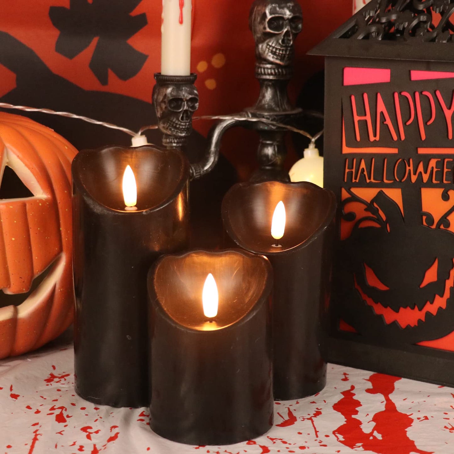 Eldnacele Black Flameless Flickering Candles with 6H Timer, 3D Wick Realistic Battery Operated Real Wax LED Pillar Candles Set of 3 Home Wedding Party Halloween Decoration(D3” x H4”5”6”)