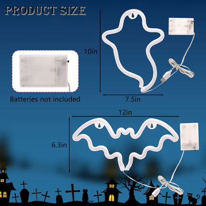 2 Pack Halloween Decoration LEDs Neon Sign Light Ghost Neon Sign Bat Lights Neon Signs Hanging Neon Signs for Halloween Party Decorations Indoor Home Window Decorations(Batteries Not Included)