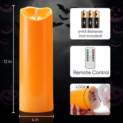 Homemory 4"x12" Halloween Orange Flameless Candles, Fall Candles, Outdoor Waterproof Flameless Candles with Remote and Timers, Battery Operated LED Pillar Candles, Won't Melt Plastic, Set of 2
