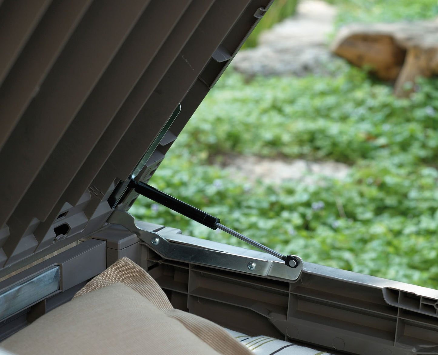 Keter Brightwood 120 Gallon Resin Large Deck Box for Patio Garden, Outdoor Cushion Storage, Pool Accessories, Tools, Grey