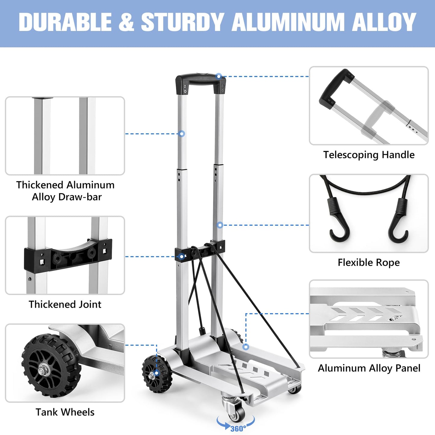 KEDSUM 270LBS Utility Luggage Cart with 4 Wheels, 100% Aluminum Hand Truck Dolly, Folding Hand Truck with Advanced Tank Wheels, Portable Dolly Cart for Luggage, Travel, Shopping, Office Use