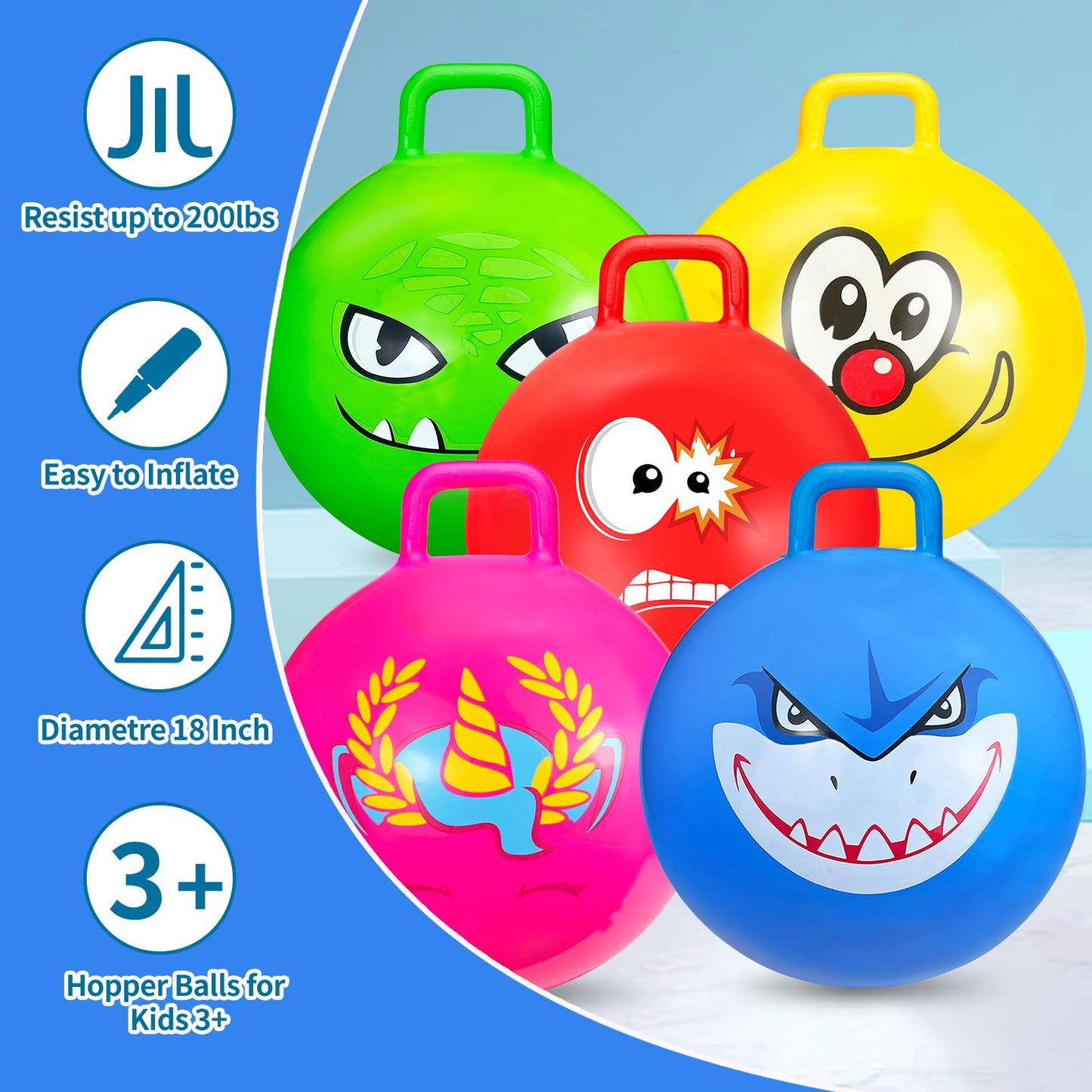 5 Pcs Hopper Ball Carnival Outdoors Jumping Hopping 18 Inch Bouncing Ball with Handle and Air Pump for Kids Sports School Ride Games Balance Exercise Fun
