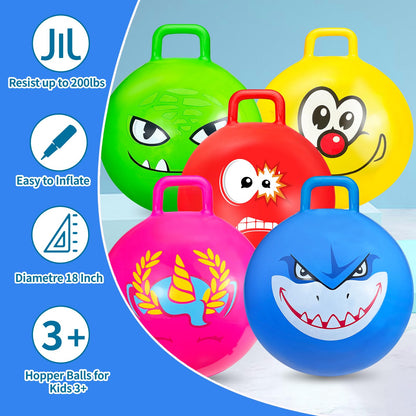 5 Pcs Hopper Ball Carnival Outdoors Jumping Hopping 18 Inch Bouncing Ball with Handle and Air Pump for Kids Sports School Ride Games Balance Exercise Fun