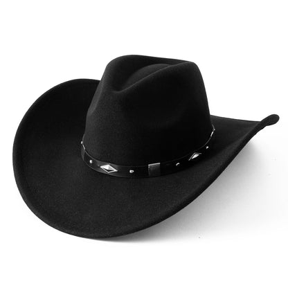 Lanzom Women Men Classic Felt Wide Brim Western Cowboy Cowgirl Hat with Belt Buckle(Medium-Large,Black)