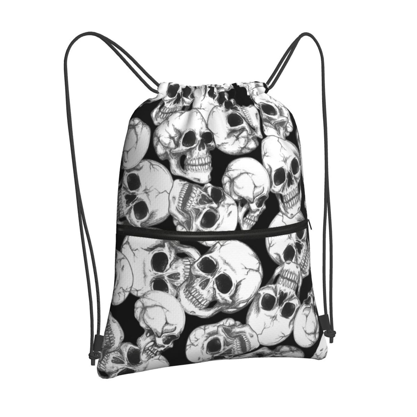 Halloween Goth Skull Drawstring Backpack, Gothic Black White Skeleton Drawstring Bag, Waterproof Durable String Sackpack, Large Capacity Cinch Sackpack for Yoga Sport Beach Gym Shopping