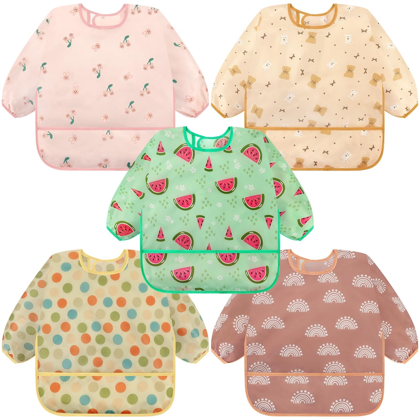 Accmor 5 Pack Long Sleeve Bibs, Baby Smock Waterproof Sleeved Bib Smock for Baby Toddler 6-24 Months