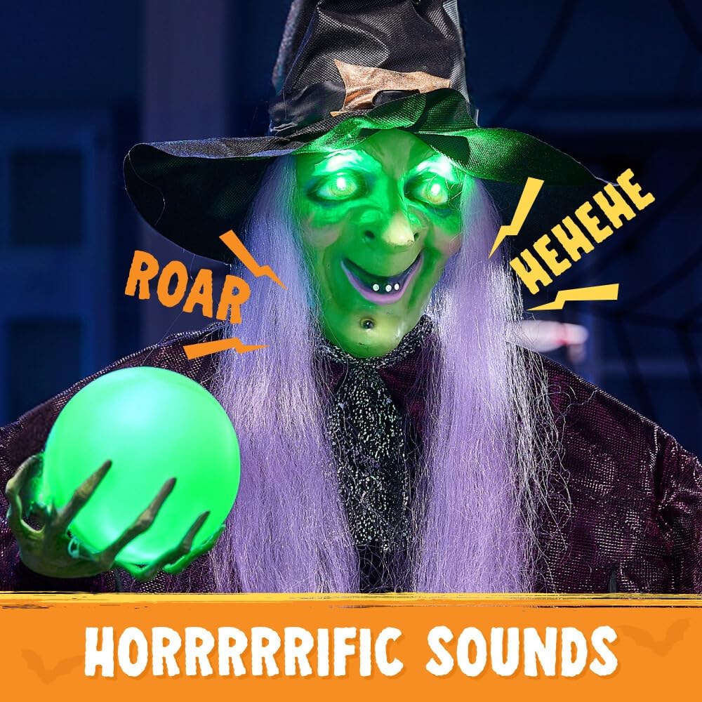 JOYIN 78" Hanging Witch Decor with Magic Ball Halloween Decorations Outdoor, Swing Flying Witch Halloween Porch Decor Party Supplies Sound Activated Light Up Eyes Lawn Yard Garden Door Haunted House